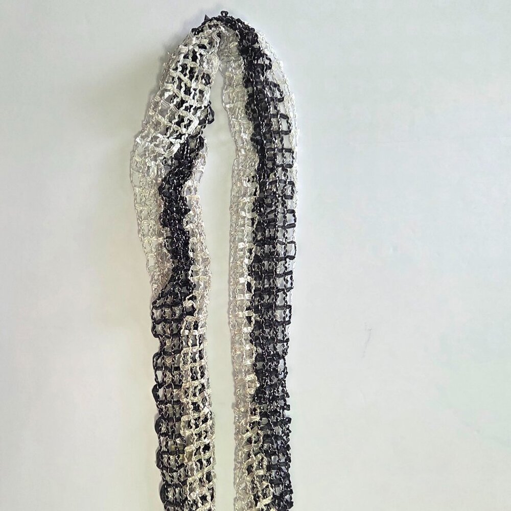 Open-Weave Scarf with Shimmer Threads & Fringe Ends, Black/white/silver, NWOT
